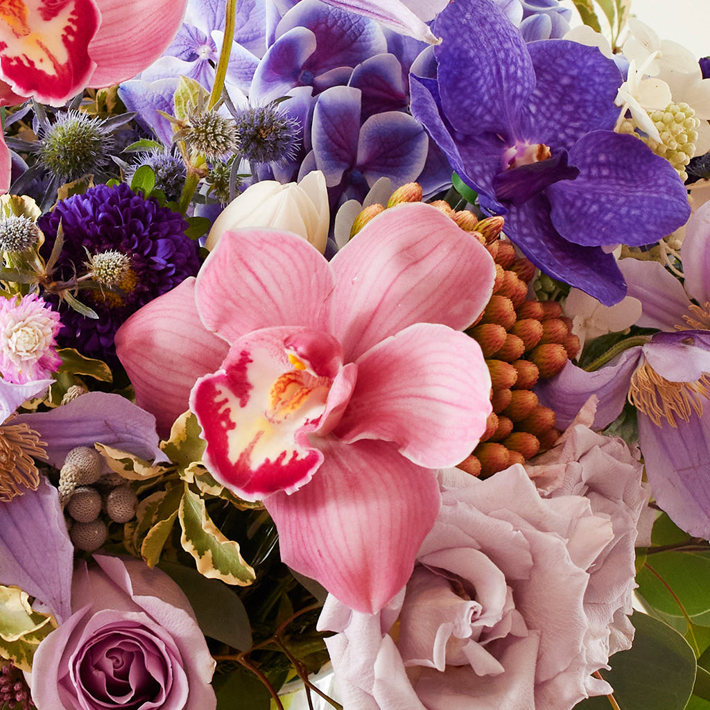 Bouquet of Purple Hydrangea, Cymbidium Orchid, White Tulip, Clematis, Eryngium Planum, Ocean Song Rose, and Lavender Spray Rose with Silver and Pittosporum greeneries.